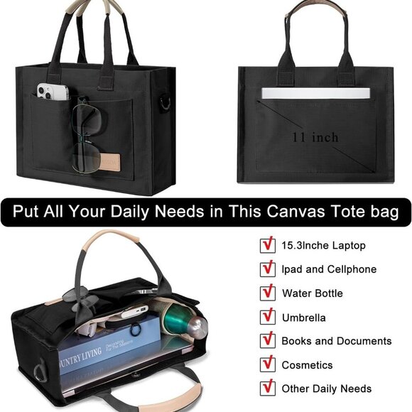 Women Canvas Tote Large Capacity Multi-Use Work Travel Bag with Pockets - Picture 4 of 6